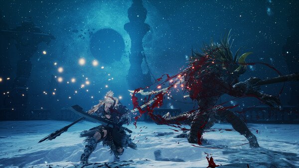 Screenshot of The First Berserker: Khazan showing a dynamic battle scene between two armored warriors in a moonlit arena.