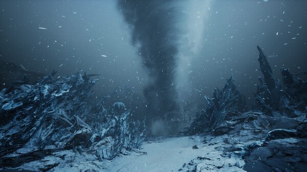 Screenshot from The First Berserker: Khazan showing a massive icy tornado amidst a snowy, desolate landscape.
