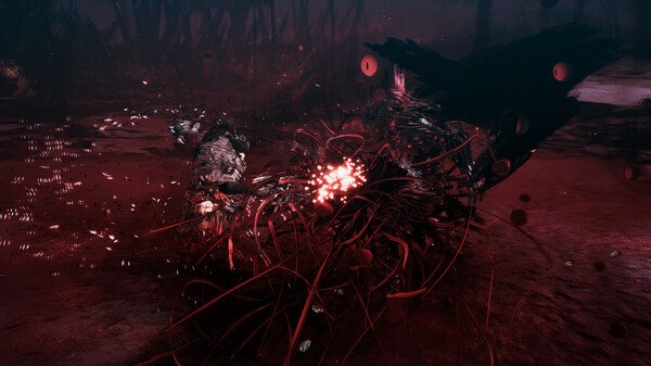 Screenshot from The First Berserker: Khazan showing a chaotic battle scene with glowing red effects and dark, twisted surroundings.