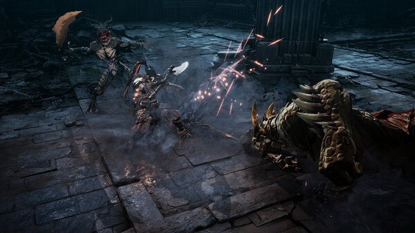 Screenshot from "The First Berserker: Khazan" showing intense combat between warriors and a large armored creature in a dark, ruined arena.