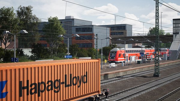 Screenshot from Train Sim World 6 shows a bustling train station with a passenger train and Hapag-Lloyd cargo container.