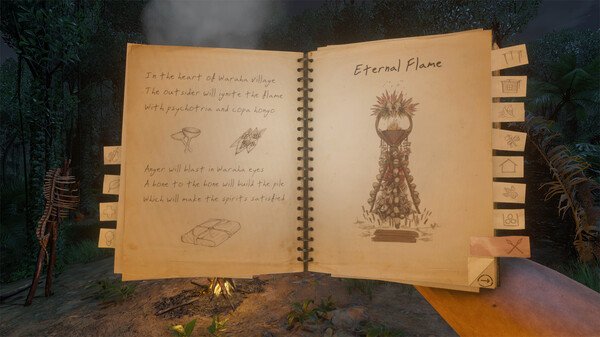 Screenshot from Green Hell showing an open book with sketches and notes about the 'Eternal Flame' in a jungle setting.