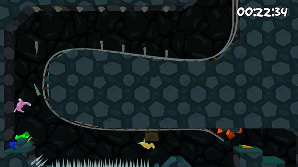 Super Bunny Man screenshot: A pink bunny navigates a dark cave with spikes and obstacles under a timer reading 00:22:34.