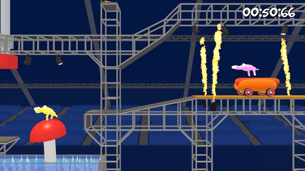 Screenshot from Super Bunny Man showing two colorful bunny characters navigating a platform with fire obstacles and a timer.