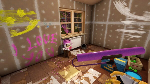 House Flipper 2 screenshot: A room with unfinished drywall, paint supplies, and "I Love You" graffiti on the wall.