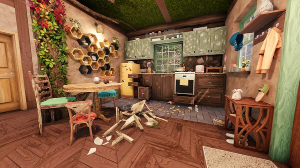 House Flipper 2 screenshot: A rustic kitchen with hexagonal shelves, a wooden table, and scattered debris on the wooden floor.