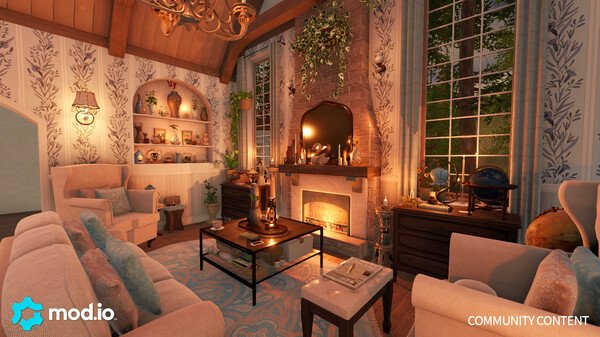 Screenshot from House Flipper 2 showing a cozy living room with a lit fireplace, elegant furniture, and decorative elements.