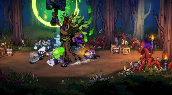 Screenshot from Lost Castle 2: Players battle a mystical tree creature in a forest, surrounded by glowing green lights and crates.