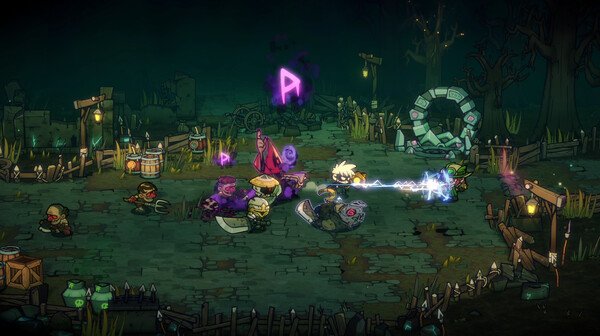 Lost Castle 2 screenshot: Characters battle zombies in a dark, eerie forest setting with glowing runes and mystical elements.