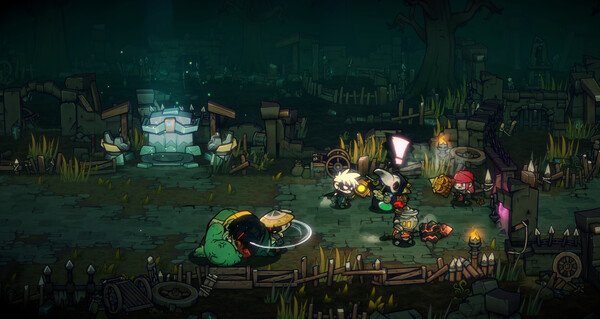 Lost Castle 2 screenshot: Cartoon heroes battle monsters in a dark, spooky castle courtyard with ruins and trees.