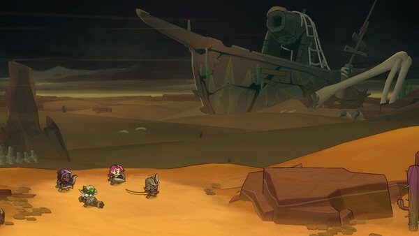 Lost Castle 2 screenshot: Four adventurers traverse a desert landscape with a large, abandoned shipwreck in the background.