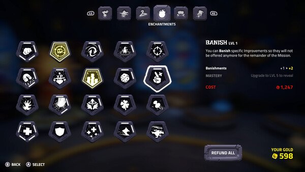 Screenshot from The Spell Brigade game showing enchantment menu with various icons, highlighting "Banish" skill details on the right.