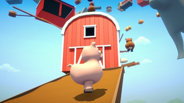Screenshot from Climber Animals: Together. A pig climbs a ramp toward a red barn amidst floating objects in a bright sky.