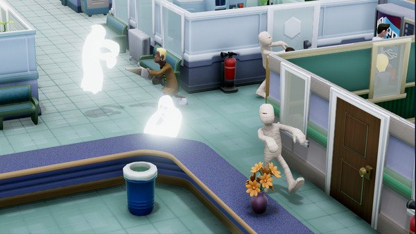 Two Point Hospital screenshot: A mummy walks through a hospital as a ghost floats nearby, surrounded by staff and patients.