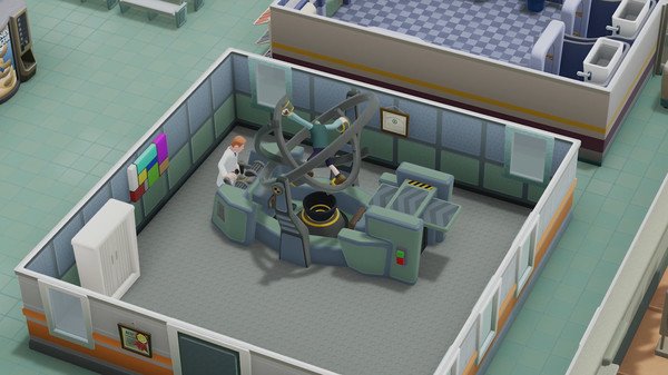 A Two Point Hospital screenshot shows a doctor operating advanced medical equipment in a lab surrounded by colorful walls.