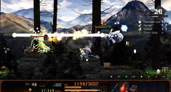 Astlibra Revision screenshot: A player battles enemies in a forested mountain area using fiery attacks and a glowing sword.