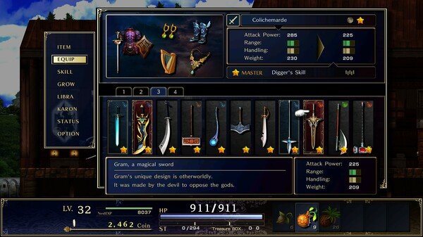 Astlibra Revision screenshot: Inventory screen displaying equipped items, weapons, stats, and a description of the Gram sword.