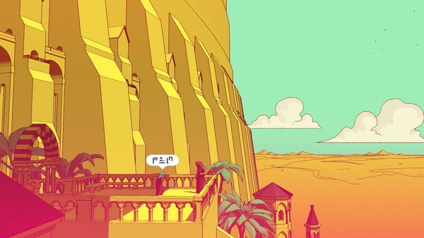 Screenshot from Chants of Sennaar showing a character on a balcony overlooking a desert landscape with a large structure.