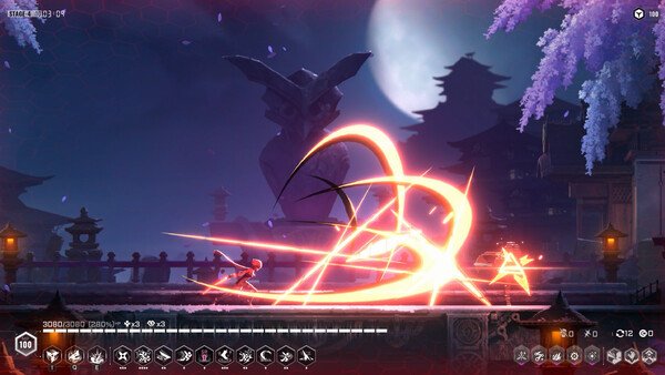 BlazBlue Entropy Effect screenshot: A character performs a dynamic attack move with glowing effects against a night sky backdrop.