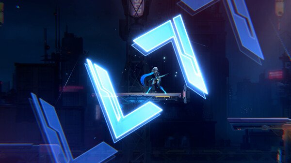 Screenshot from BlazBlue Entropy Effect showing a character with a sword on a futuristic platform, surrounded by glowing blue shapes.