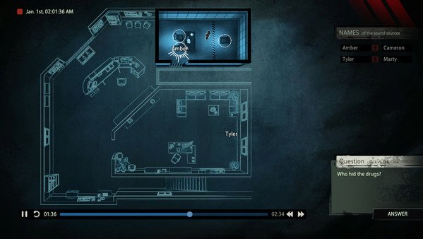 Screenshot from 'Unheard - Voices of Crime': A top-down view of a room layout with names Amber, Tyler, and Marty.