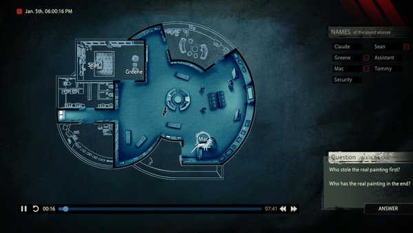 Screenshot of "Unheard - Voices of Crime" showing a circular floor plan map and dialogue choices about a stolen painting.