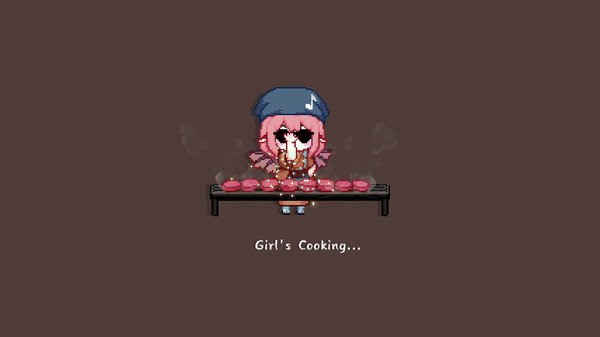 Touhou Mystia's Izakaya screenshot: Mystia cooking skewers on a grill, surrounded by steam, with text "Girl's Cooking..." displayed.