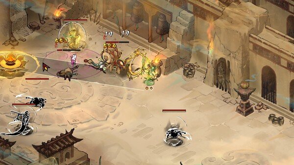 Screenshot from Realm of Ink: Players engage in a battle against mystical creatures in an ancient, desert-like temple setting.