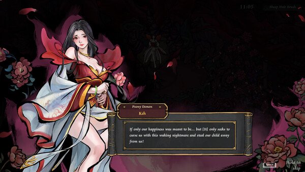Screenshot from Realm of Ink showing a dialogue scene with Kith, a character in red and white attire, surrounded by floral designs.