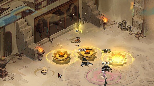 Screenshot from Realm of Ink: Characters battle in a mystical courtyard surrounded by glowing symbols and ancient artifacts.