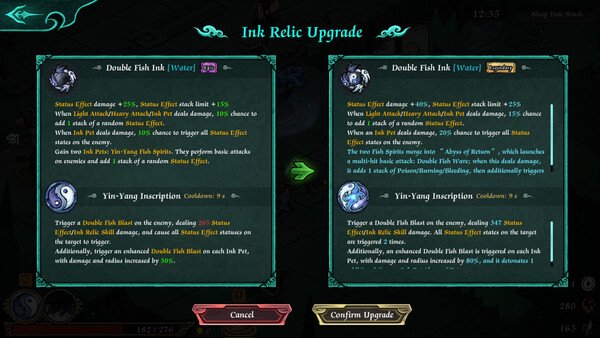 Screenshot from Realm of Ink showing an Ink Relic Upgrade menu with options for Double Fish Ink and Yin-Yang Inscription.