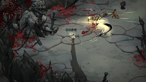 Screenshot from Realm of Ink showing a character battling enemies near a large stone statue surrounded by red foliage.