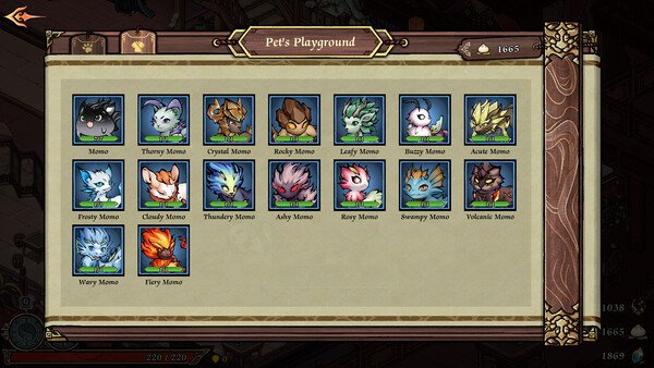 Screenshot from Realm of Ink showing the Pet's Playground menu with various Momo characters displayed in colorful boxes.