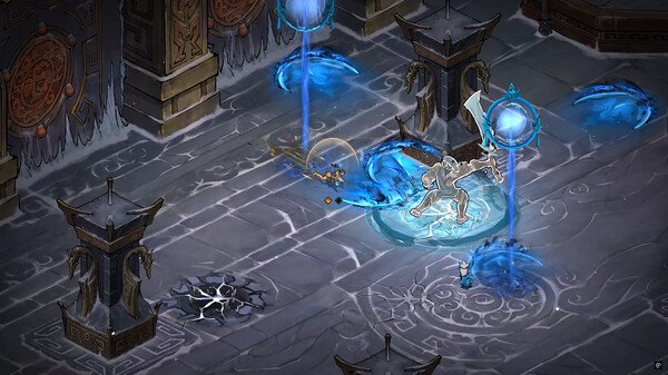 Realm of Ink screenshot: A warrior battles a spectral enemy in a mystical stone arena surrounded by glowing blue portals.