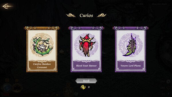 Screenshot from Realm of Ink showing three Curios cards: Campfire Bamboo Covenant, Blood Feast Banner, Venom Lord Plume.