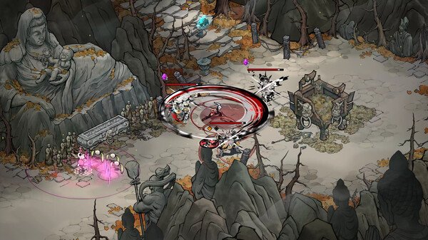 Screenshot from Realm of Ink showing a character in combat within a mystical stone courtyard surrounded by statues.