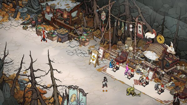 Screenshot from Realm of Ink: A bustling marketplace with vendors selling goods, surrounded by barren trees and rocky terrain.