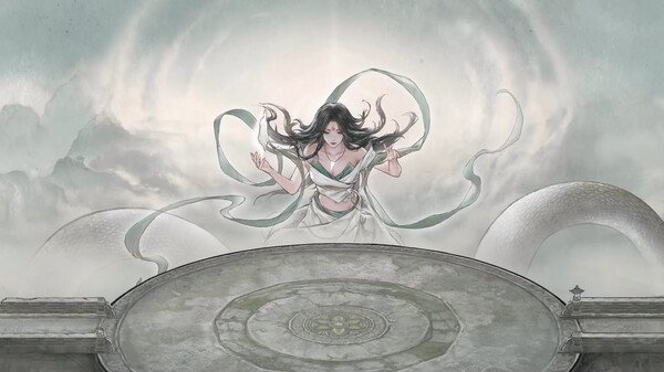 Screenshot from Tale of Immortal showing a mystical character with flowing robes and ribbons, standing against a cloudy backdrop.