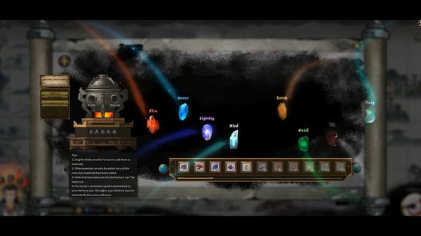 A screenshot from Tale of Immortal showing elemental crystals, a cauldron, and a crafting interface on a mystical background.