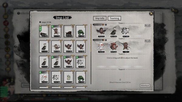Tale of Immortal screenshot: Imp List interface shows various imps with stats, team options, and management features.