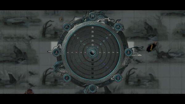 Screenshot from Tale of Immortal showing a circular skill wheel with various icons, surrounded by a mystical landscape.