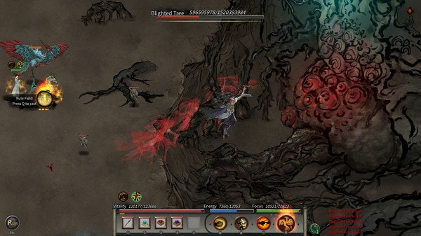 Screenshot from Tale of Immortal showing a player character battling the Blighted Tree amidst a mystical, forest-like setting.