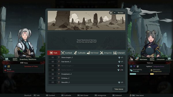 Screenshot of The Scroll of Taiwu: Beyond the Dome showing two characters conversing with interaction options displayed.