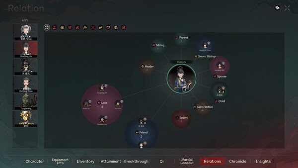 Screenshot of The Scroll of Taiwu: Beyond the Dome showing the Relations menu with character connections and relationship details.