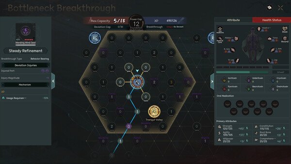 Screenshot of The Scroll of Taiwu: Beyond the Dome showing a skill tree and detailed character attributes on the right panel.