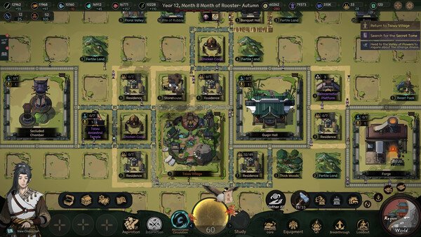 Screenshot of "The Scroll of Taiwu: Beyond the Dome" showing a village layout with various buildings and character icons.