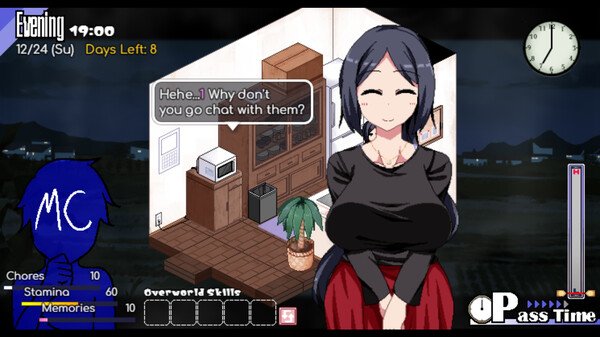 Screenshot from Winter Memories: A character stands in a room with a dialogue box, next to a houseplant.