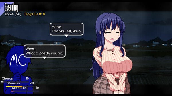 Screenshot from Winter Memories showing two characters, MC and a girl, talking at night. Dialogue about a sound is visible.