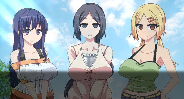 Summer Memories screenshot: Three animated female characters stand outdoors under a bright sky, facing the viewer.