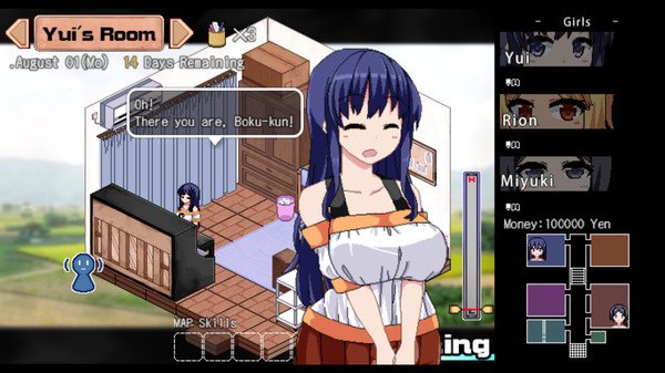 Screenshot from the game 'Summer Memories' showing Yui in her room with dialogue, character stats, and game controls visible.